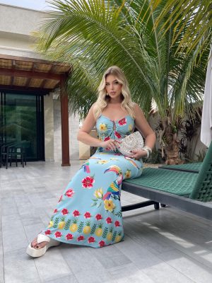 vestido tropical fivela busto
